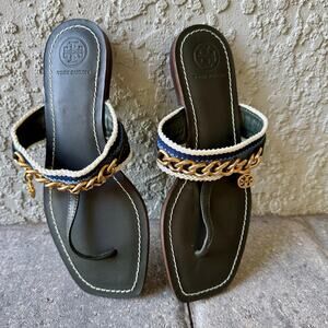 Tory Burch Mini Benton Gold Chain Band Flat Sandals Poblano Yonder Leather 6M